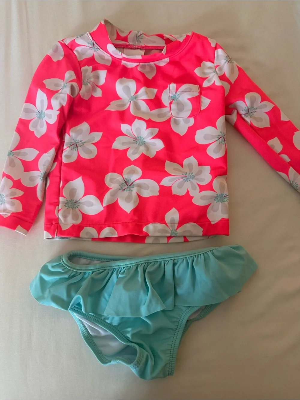 Carter's Pink Floral Rash Guard with Aqua Ruffle Bikini Bottom